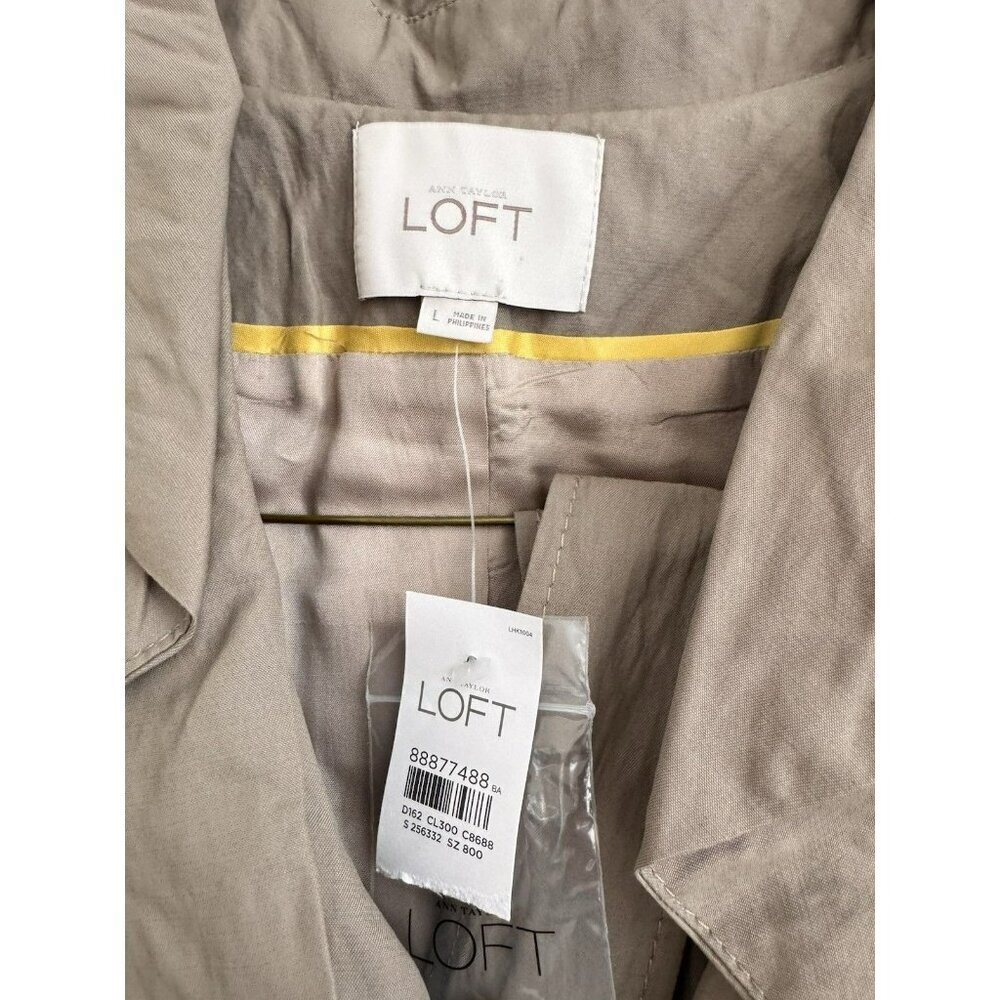 LOFT Taupe Ruffle Collar Trench Coat Lightweight Chic Jacket Womens L - Picture 6 of 7